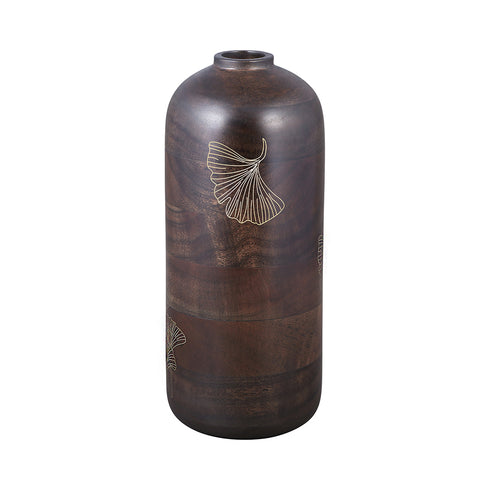 Large Wooden Vase with Brass Detailing